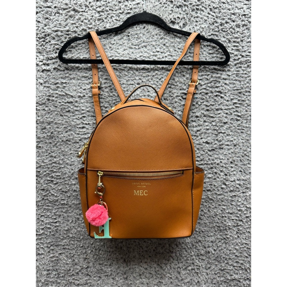 Henri Bendel Leather 57th School & Work Backpack Bag Brown w/ Keychains